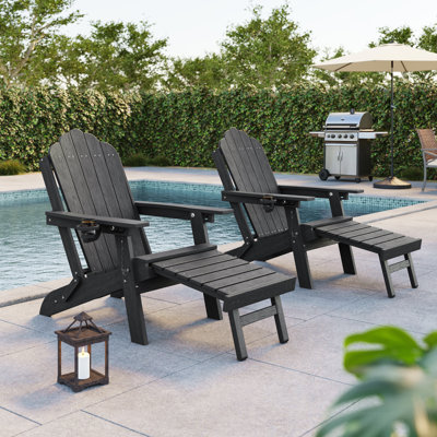 Folding Adirondack Chair with Retractable Ottoman & Cup Holder, 3-Position Adjustable for Patio, All-Weather Outdoor Seating