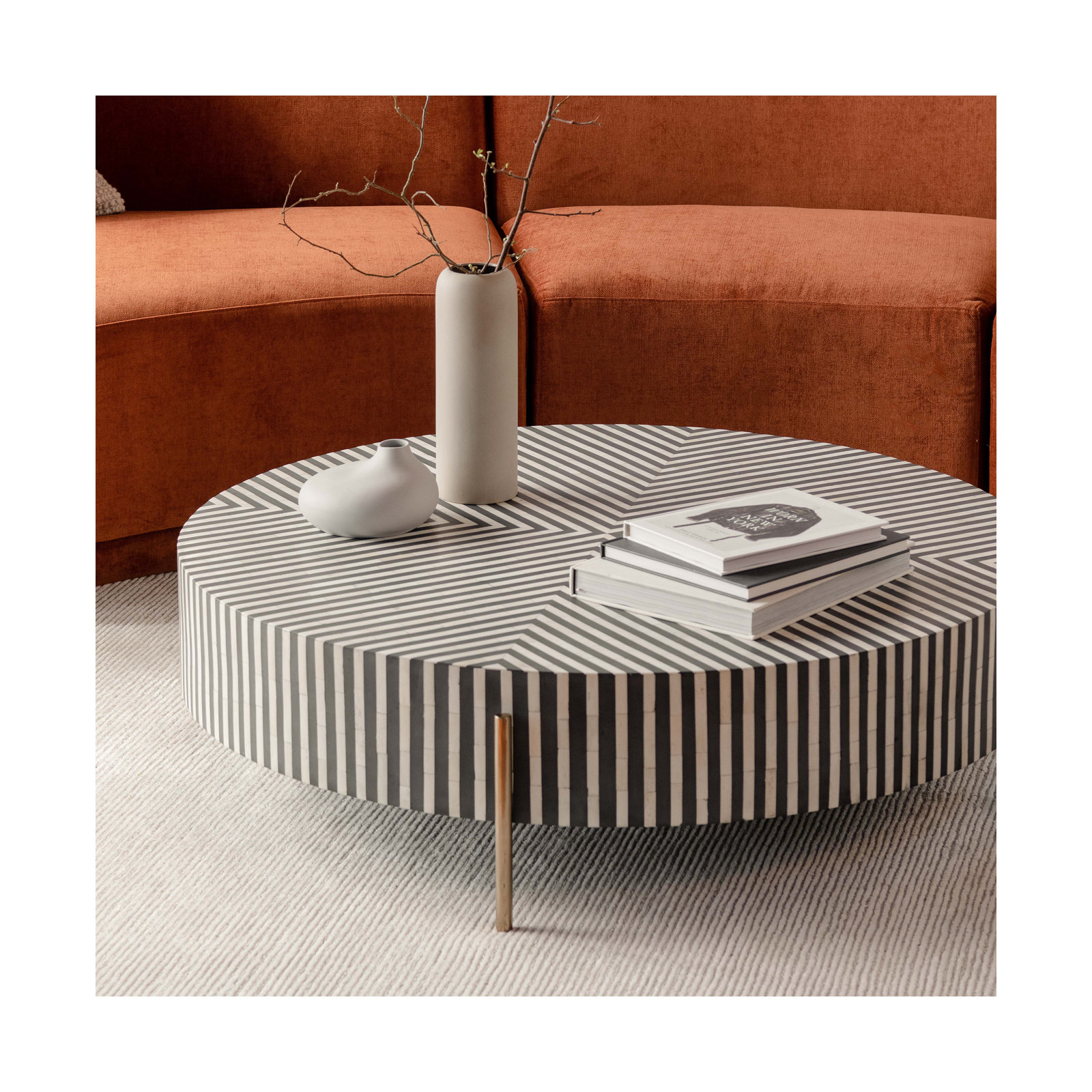 Bron Round Bone Inlay Coffee Table, 12" H x 48" L x 48" W