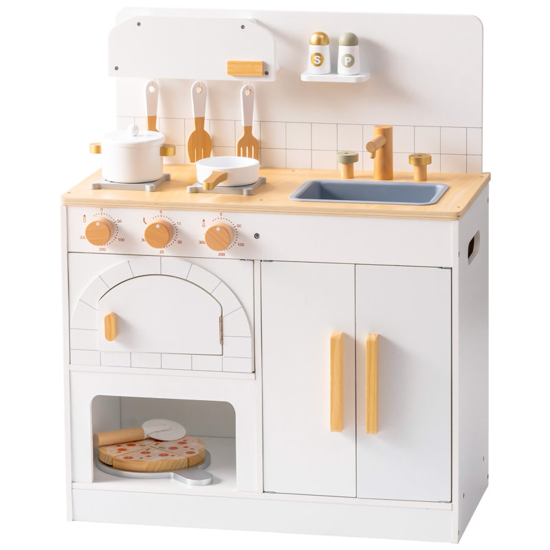 Cuisine de jeu en bois pour enfants, ensemble de cuisine blanc pour enfants avec four à pizza, coupe de pizza, batterie de cuisine et accessoires