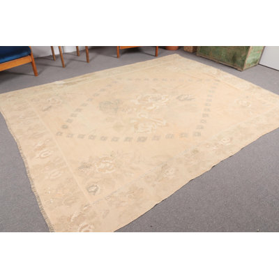 Grand tapis kilim turc rétro - motif géométrique beige Oushak pour les salons élégants