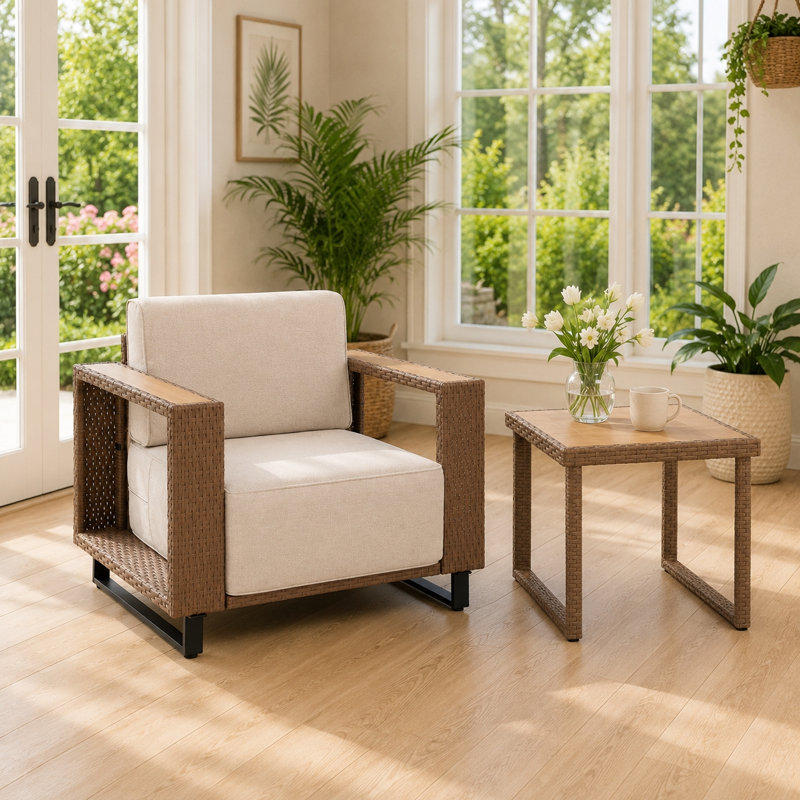 2-Piece Patio Rattan Wicker Armchair with Table