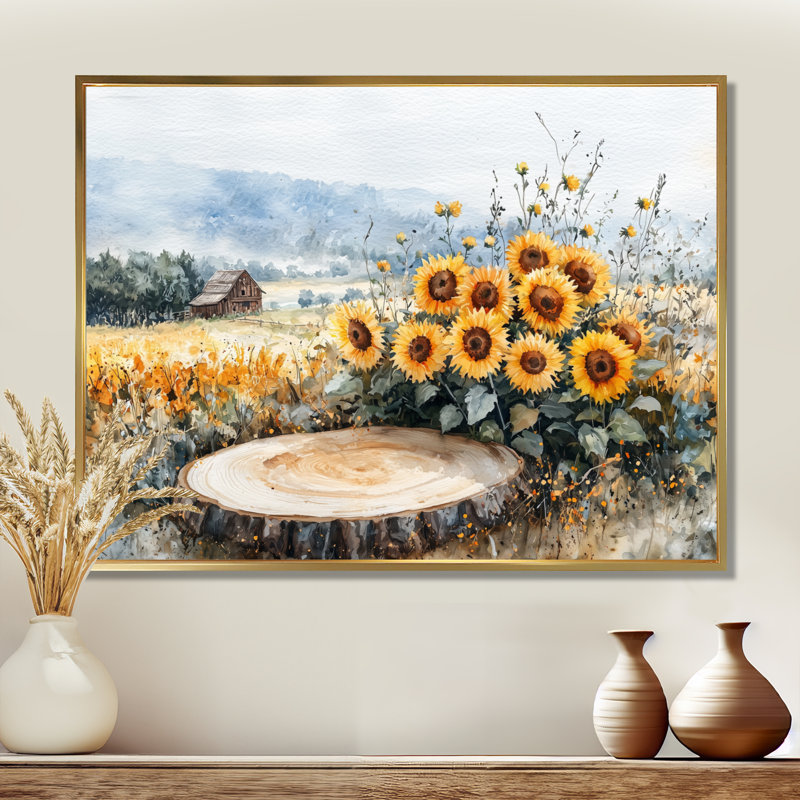 «Draya Sunflowers Landscape At The Barn» - art mural tournesols, H 34 po x l 44 po, Impression encadrée flottante, Doré