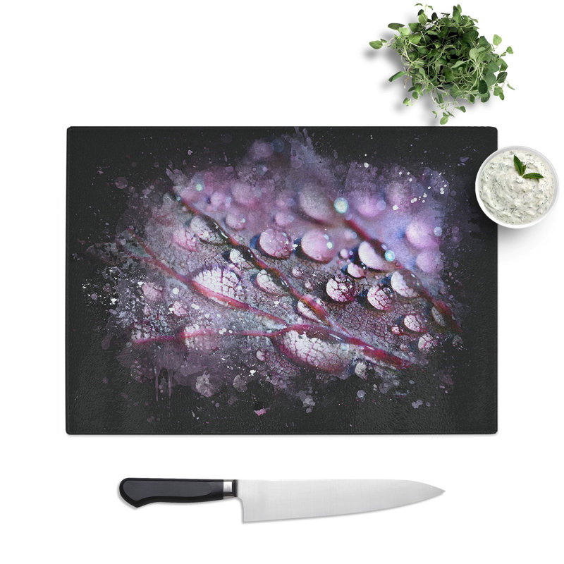 Tempered Glass Dewdrops upon a Lilac Leaf Chopping Board, 20 cm x 28.5 cm