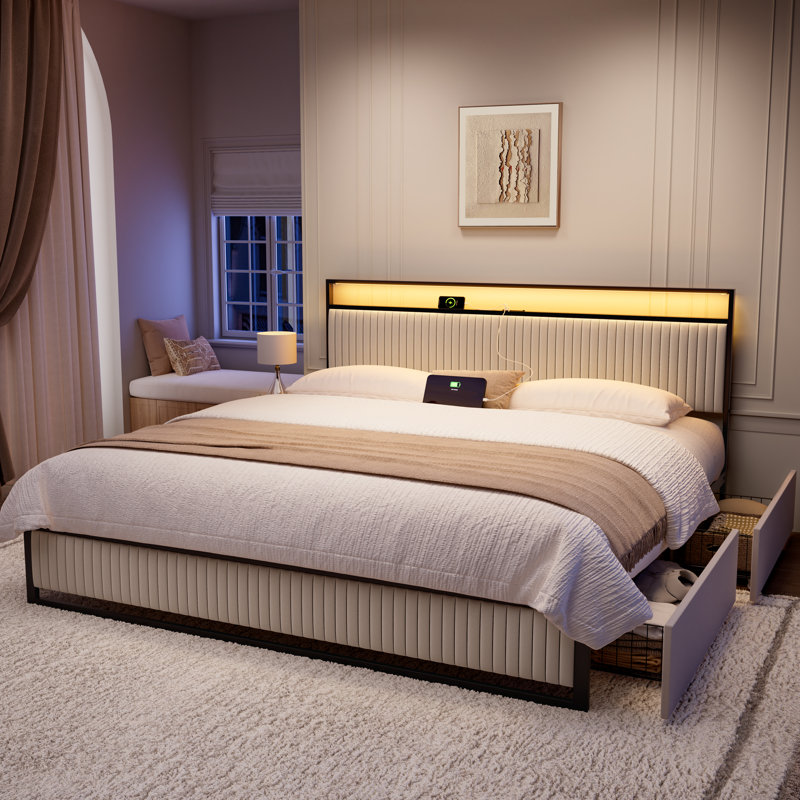 Antioch Upholstered Platform Bed with 2-Drawer Storage and Charging Station, King, Beige