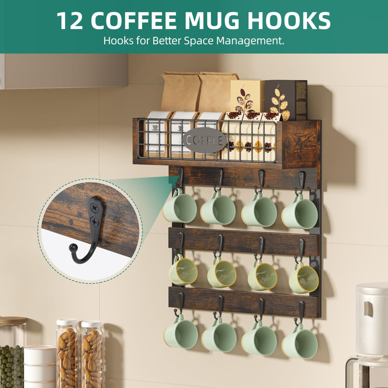Wall-Mounted Mug Holder with 12 Hooks, Black