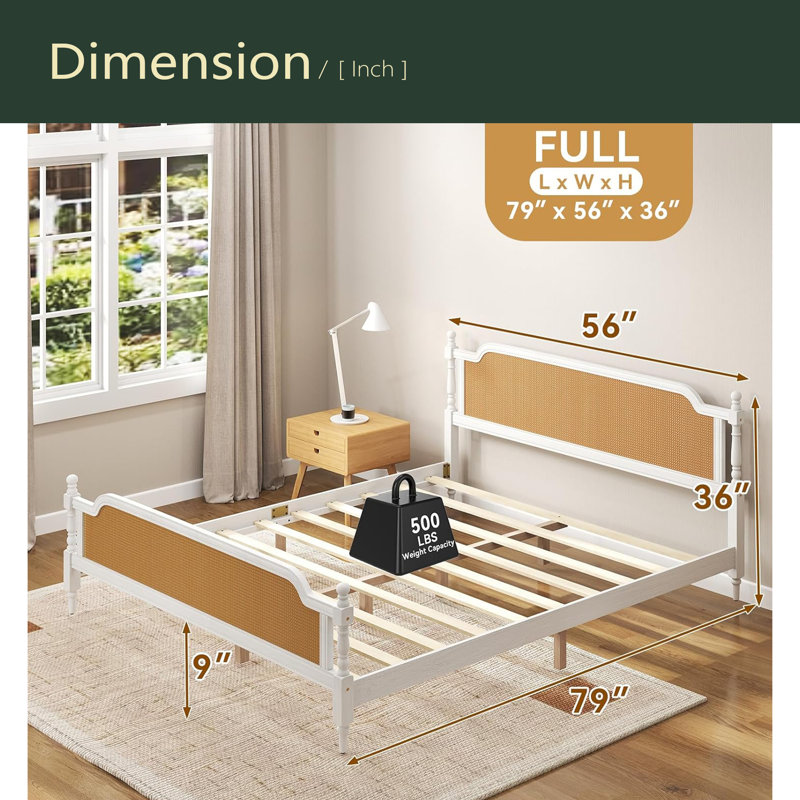 Platform Bed Frame With Natural Rattan Headboard And Footboard, Bohemian And Mid Century Style, Walnut/White, Full