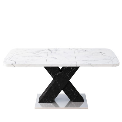 Modern Square White Marble Printed Dining Table - Stretchable, Black Leg With Metal Base, 31.5 In Wide 46.06 Package Length