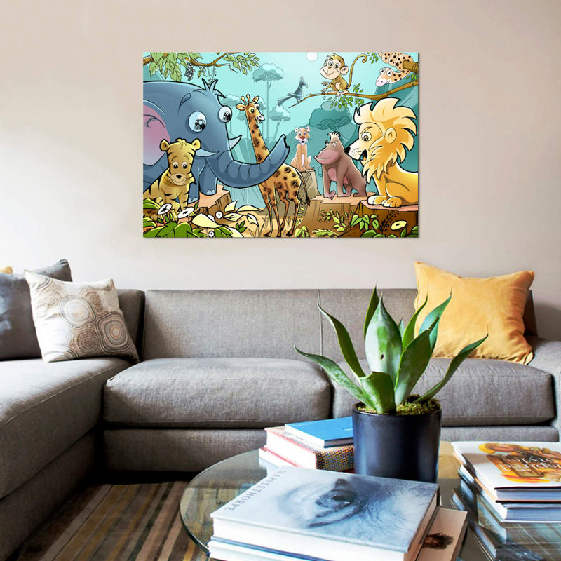 Jungle Cartoon Animals - Print on Canvas, 20.32 cm H x 30.48 cm W, No Frame