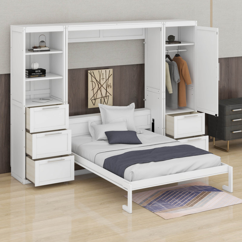 Grand lit escamotable avec tiroirs, Blanc