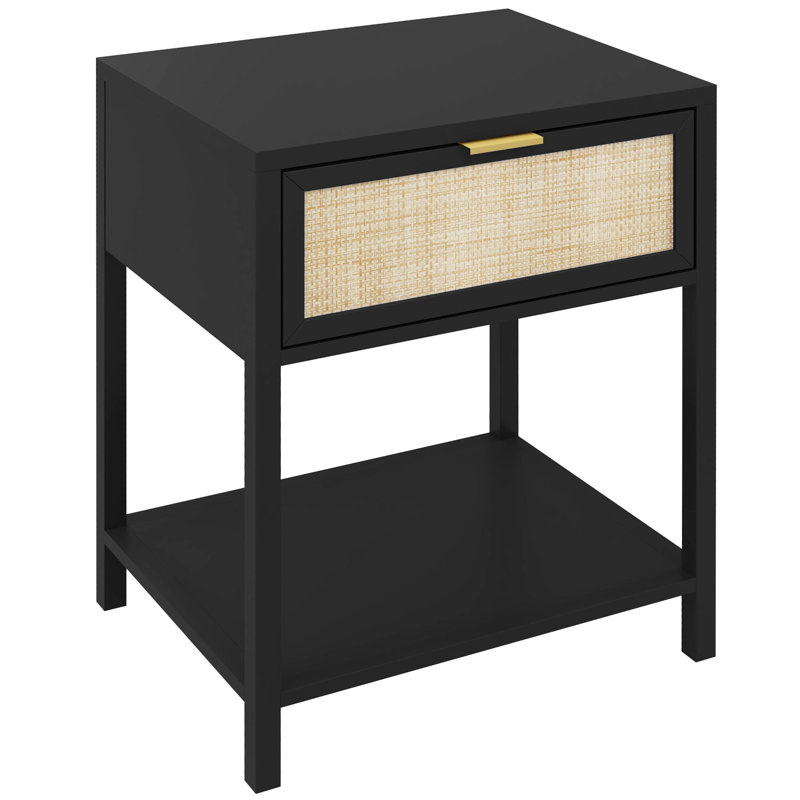 Boho Bedside Table with Drawer, Open Shelf and Rattan Element Black