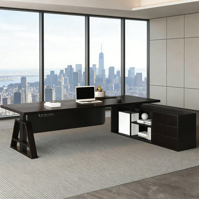 Modern Luxury L-Shaped Black Solid Wood Electric Height-Adjustable Executive Desk | Large Capacity Side Cabinet | Designer Office Desk