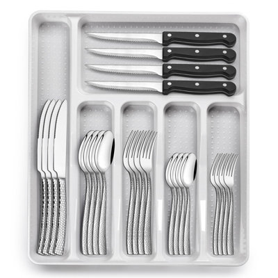 49 Piece Hammered Silverware Set With Organizer, Stainless Steel Flatware For 8, With Steak Knives, Dishwasher Safe, Mirror Polished, Wave Hammered
