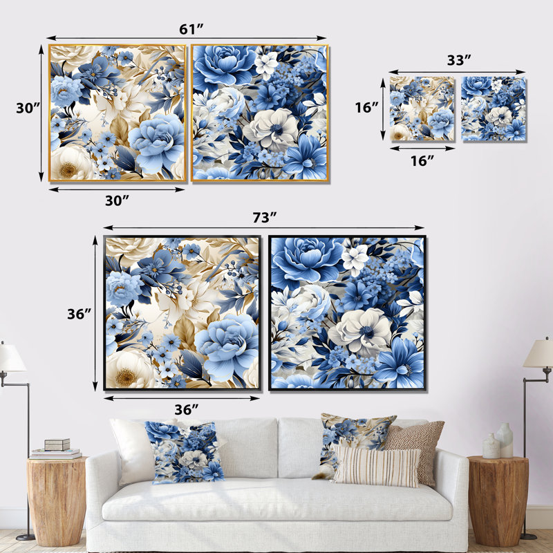«Blue and White Exotic Floral Canvas», ensemble d'art mural sur toile à motif floral, H 30 po x l 61 po x P 1 po, Cadre noir