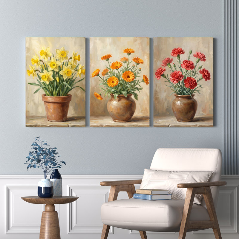 Ensemble de 3 tableaux muraux sur toile, motif bouquet de fleurs, pour salon, chambre et décoration intérieure.