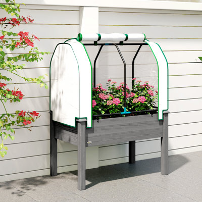 Raised Garden Bed With PE Greenhouse Cover Outdoor Planter Box For Herbs And Vegetables, 35 X 22 X 47 Inch, Dark Gray