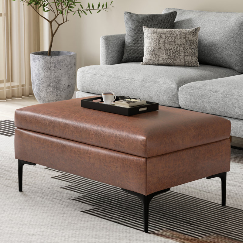Rebecca 36"W Upholstered Vegan Leather Mid-Century Modern Rectangular Lift-Up Coffee Table Storage Ottoman with Storage
