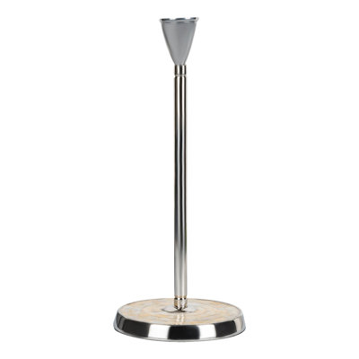 Stainless Steel Stand Up Paper Towel Holder | Easy One-Handed Tear Kitchen Paper Towel Dispenser with Weighted Base for Standard Paper Towel Rolls | Mother of Pearl Accent, Chrome Finish