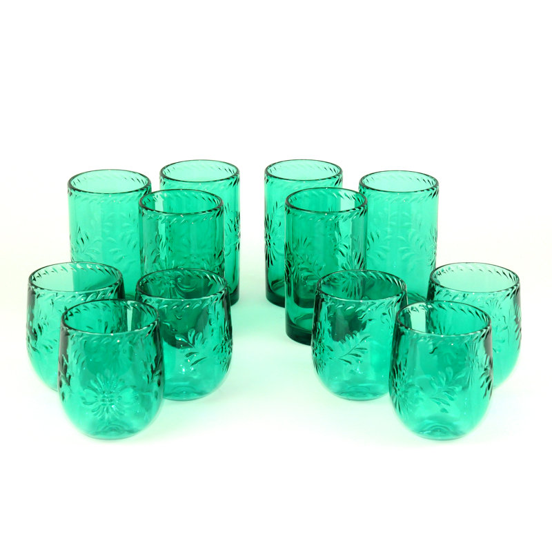 Talavera Drinkware 12pcs Set, 6 Jumbo Drinkwares (530ml/pc), 6 Stemless Drinkwares (390ml/pc)  - Teal and Clear color, Teal