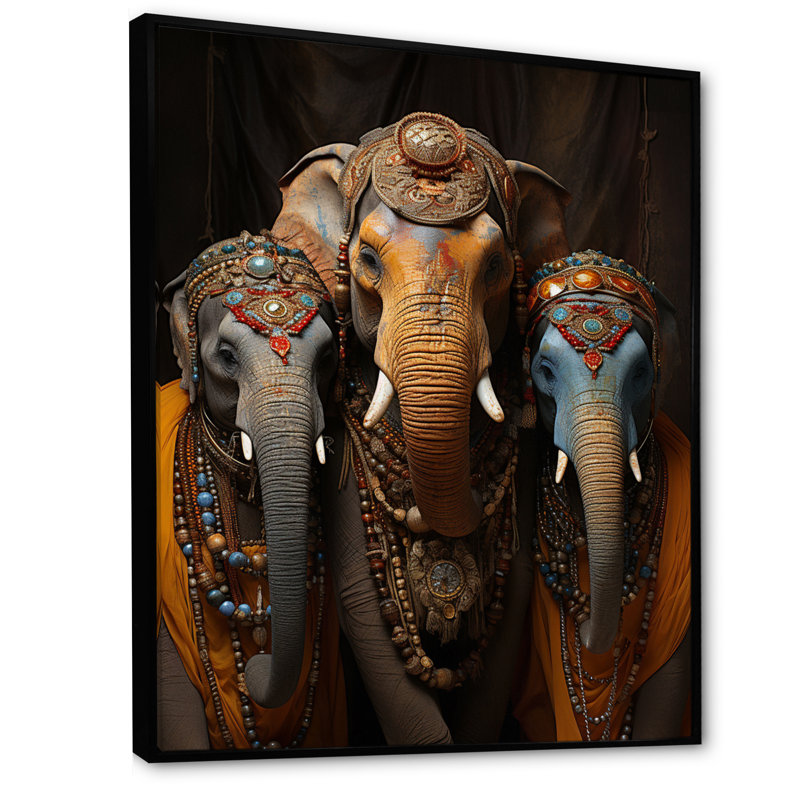 Art asiatique, éléphants thaïlandais sur toile, H 32 po x l 24 po x P 1 po, Cadre flottant noir