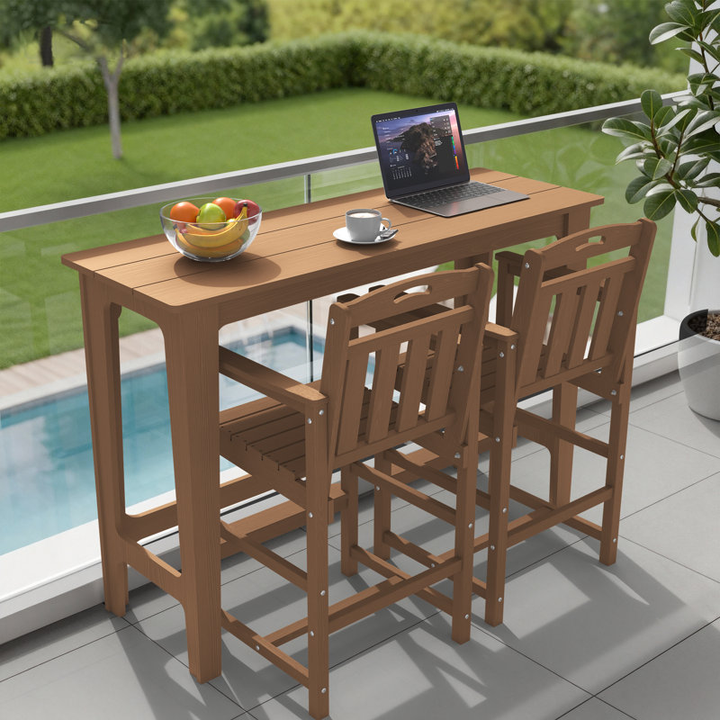 3 Pieces Outdoor Patio Bars Set  with Rectangular Table and HDPE Chairs, Teak