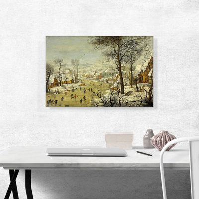 «Winter Landscape with Skaters and a Bird Trap 1565» par Peter Bruegel l'Ancien, reproduction d'art sur toile tendue
