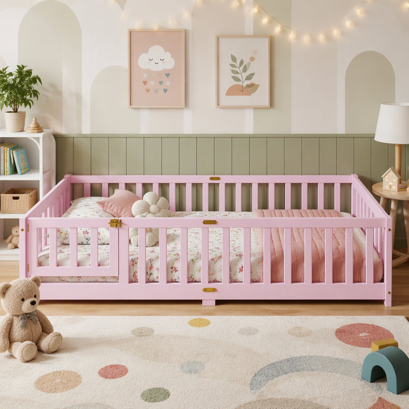Lit simple au sol avec garde-corps de sécurité et porte tournante rose, parfait pour les enfants et les espaces compacts