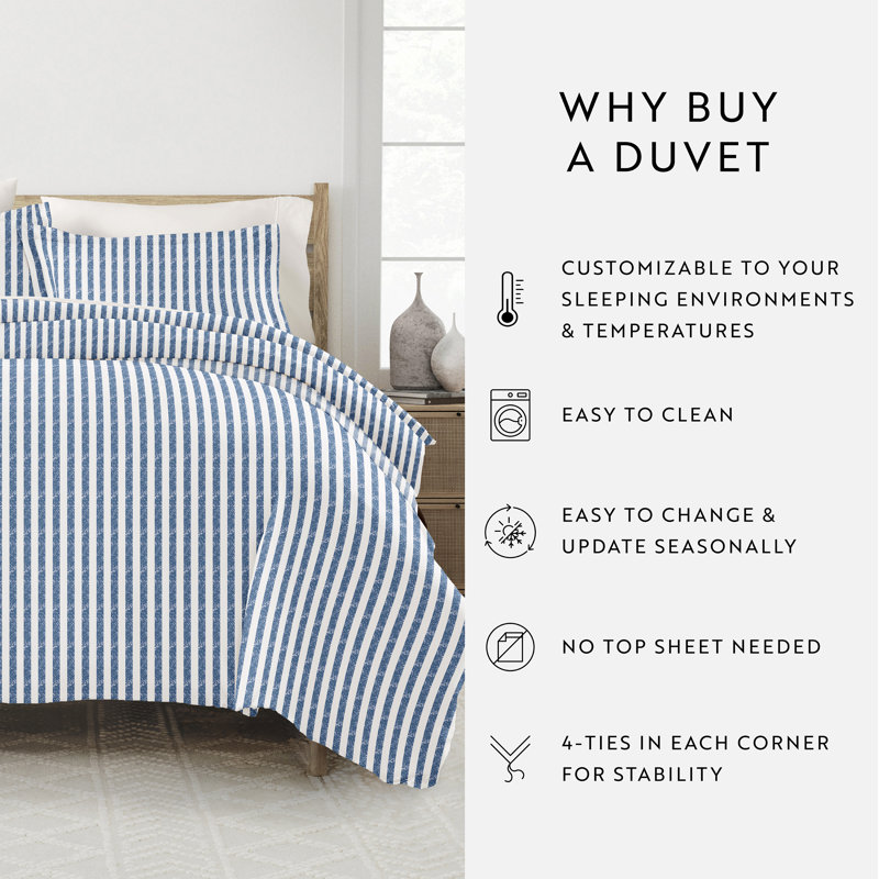 Navy and White Microfiber Striped Full/Queen Duvet Cover Set