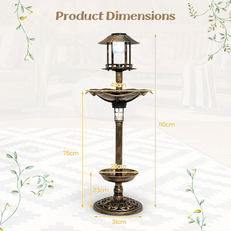 Solar Outdoor Bird Bath Lightweight Birdbaths Feeder Solar-Powered Lamps, Tan