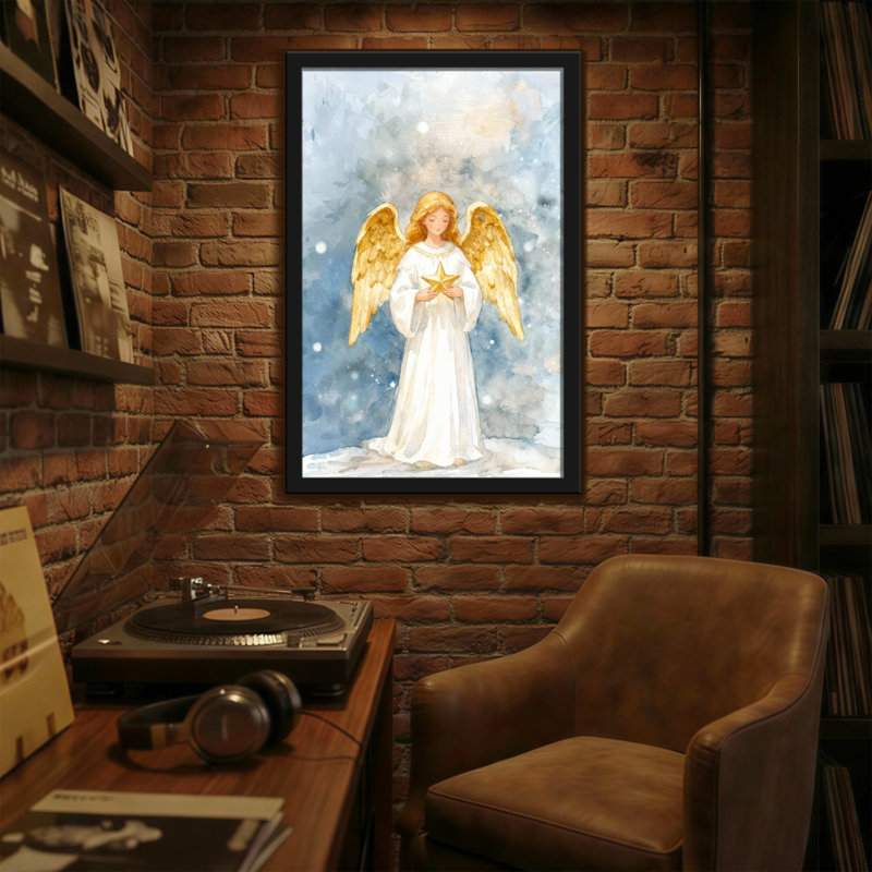 Ange de Noël avec des ailes dorées tenant une étoile, H 18 po x l 12 po