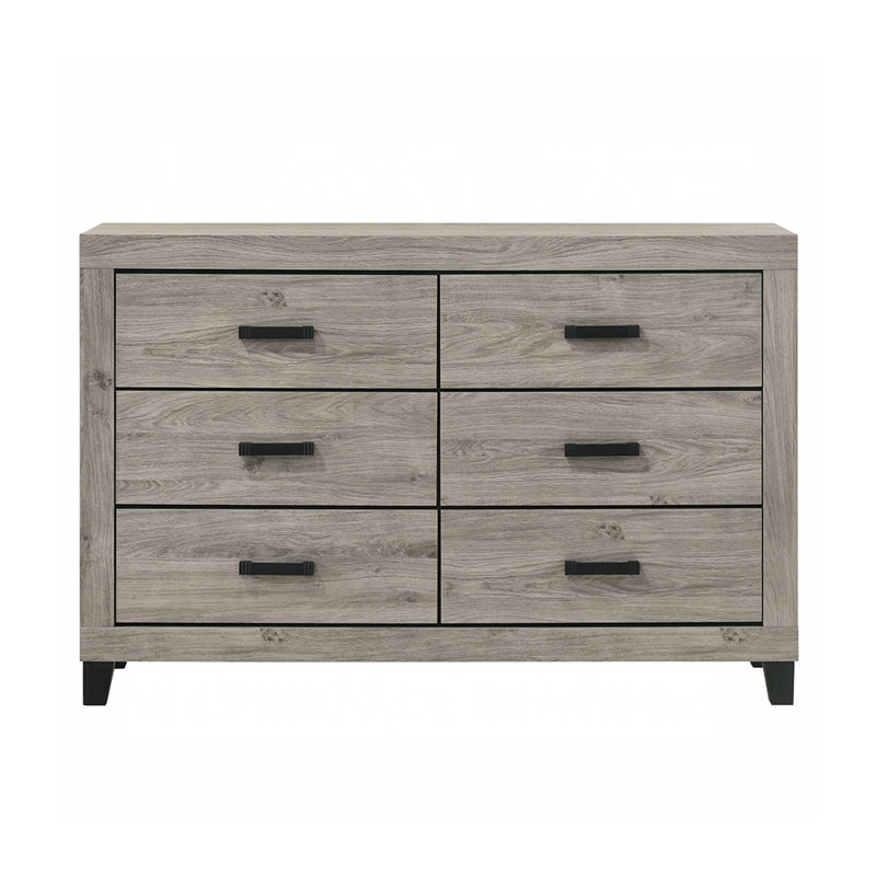 Table de chevet 6 tiroirs en bois avec poignées en métal gris clair