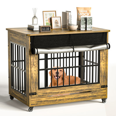 Grand meuble de 42 po avec cage pour chien, meuble pour chenil intérieur en bois à double porte, table de bout décorative avec roulettes pour chien de grande taille, taille XL, brun rustique