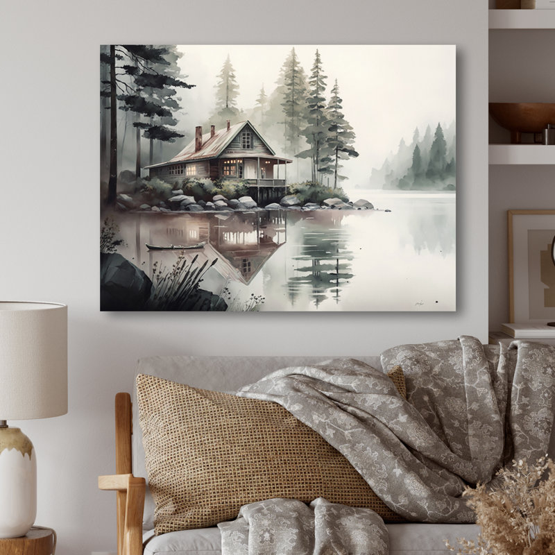 Cottage au bord du lac I - Art mural chalet, Toile tendue, H 30 po x l 40 po x P 1,5 po