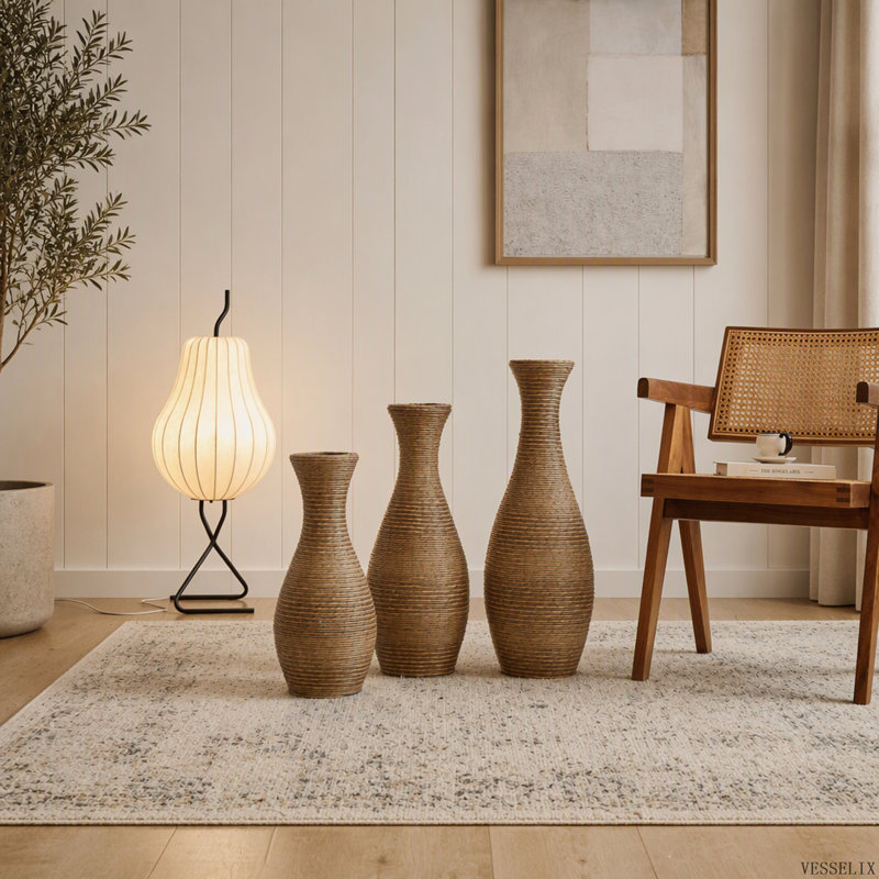 Ensemble de 3 vases de sol élégants en rotin artificiel beige pour salon et entrée