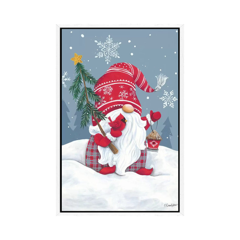 Snowy Gnome With Cardinal by Diane Kater - Print on Canvas, White Framed, 101.6 cm H x 66.04 cm W