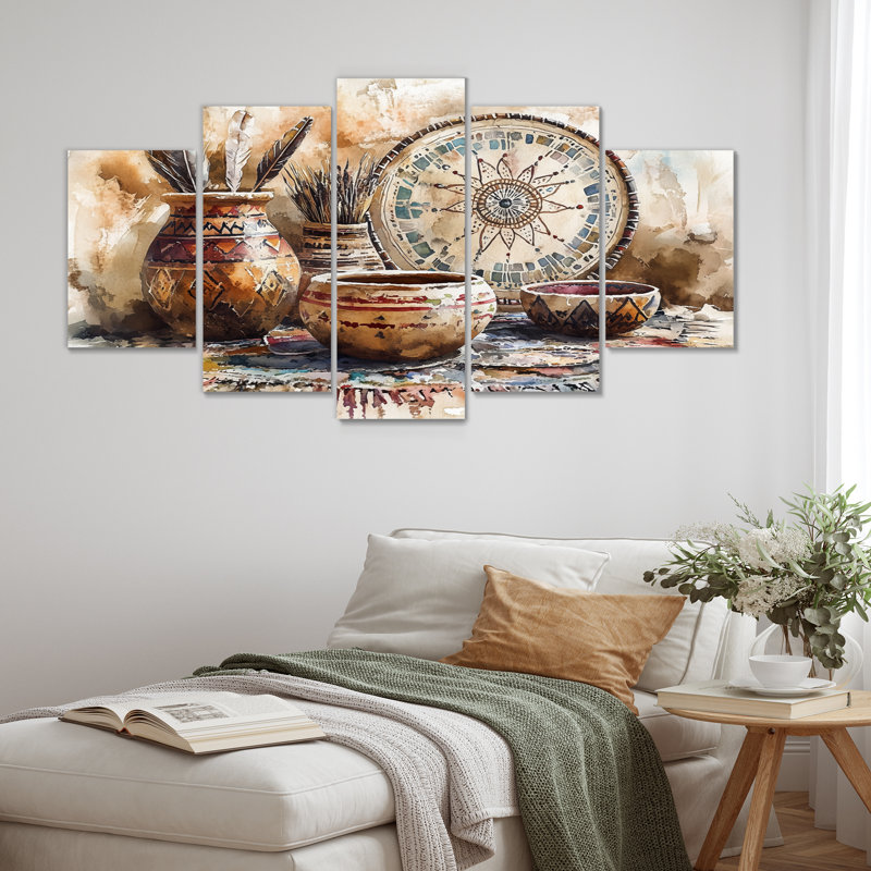 Brown Red Native Art Pottery Serenity - Boho Pottery Canvas Art Set