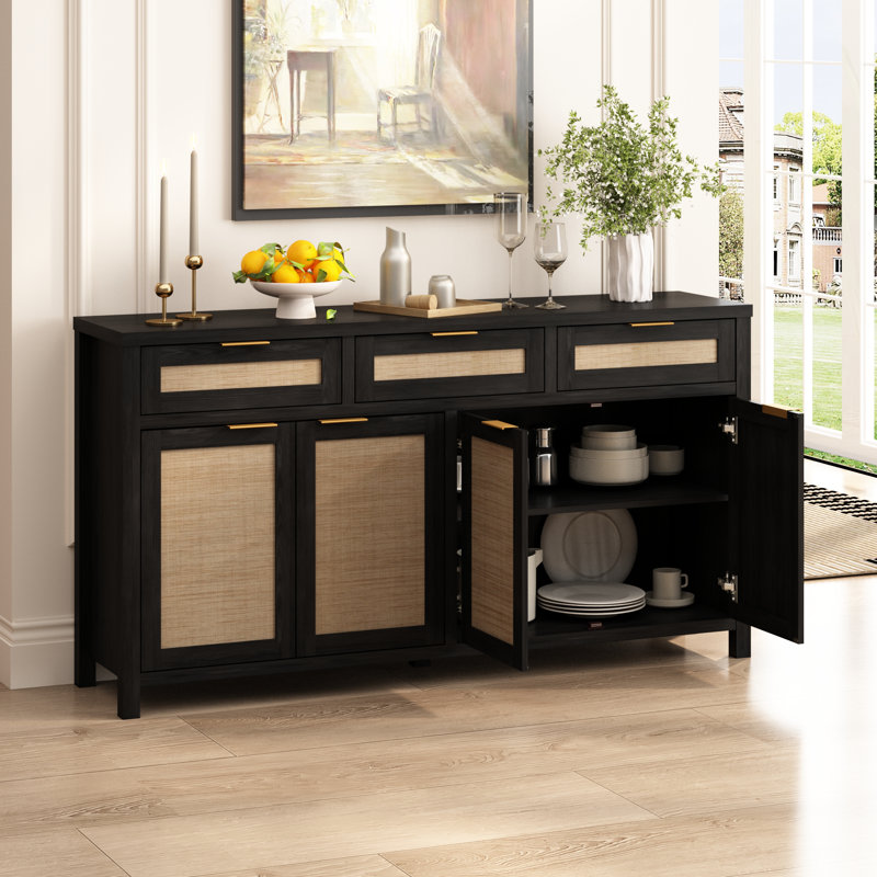 Buffet en rotin l 63 po avec 3 tablettes de rangement réglables Ciauna, Noir