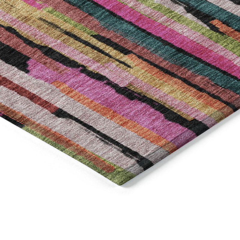 Pink and White Stripe Synthetic Washable Area Rug, 5' x 7'6"