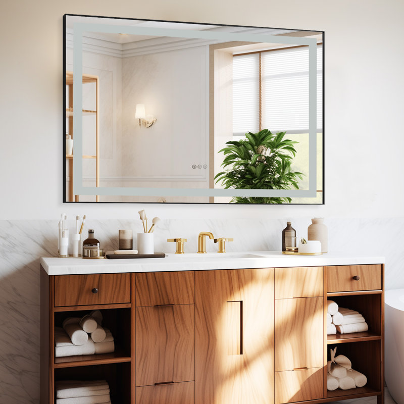 Miroir de salle de bain à cadre multifonctionnel en aluminium noir, miroir de meuble-lavabo lumineux mural