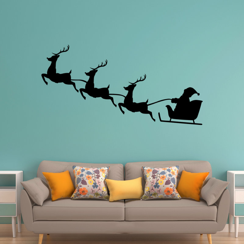 Décalcomanie murale noël renne père noël, H 16 po x l 30 po, Noir