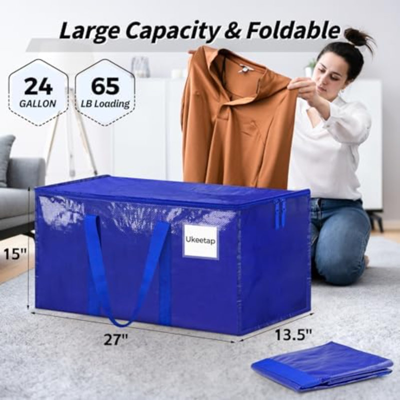 Paquet de 8 sacs de transport très grands, bacs de rangement bleus avec couvercles, poignées renforcées et fermetures à glissière robustes