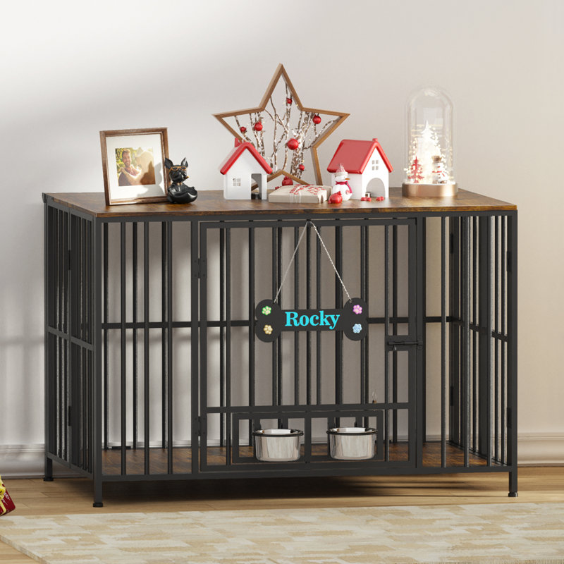 Large Foldable Dog Crate Furniture, Assembly-Free Dog Crate With Adjustable Bowls And Name Tag For Small, Medium, Large Dog