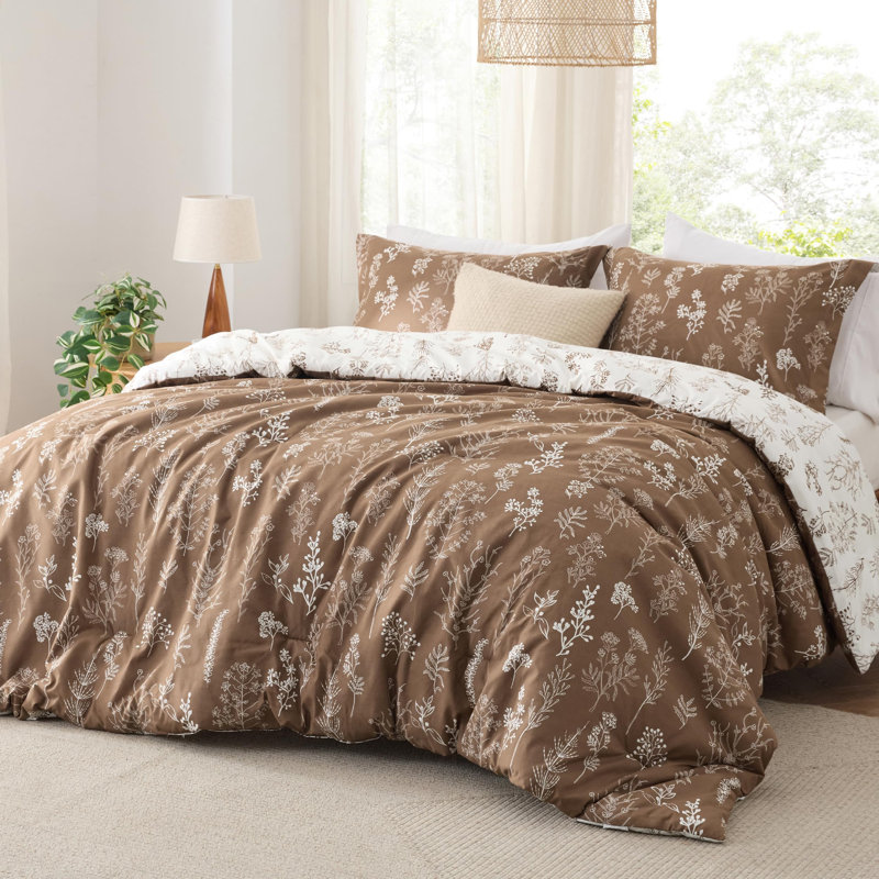 Bedsure Queen Comforter Set – 3-Piece Khaki Botanical Floral Bedding, Reversible Soft Comforter with 2 Pillow Shams, Perfect for Spring Refresh & Cozy Bedroom Decor