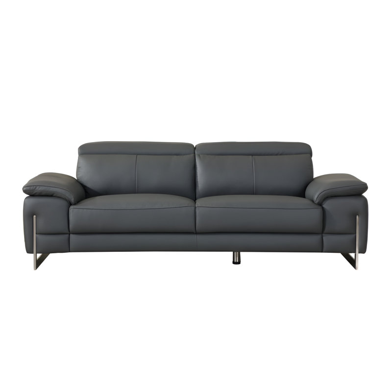 Canapé Bellmont de 87 po en cuir italien gris foncé avec pattes argentées, Grey Leather
