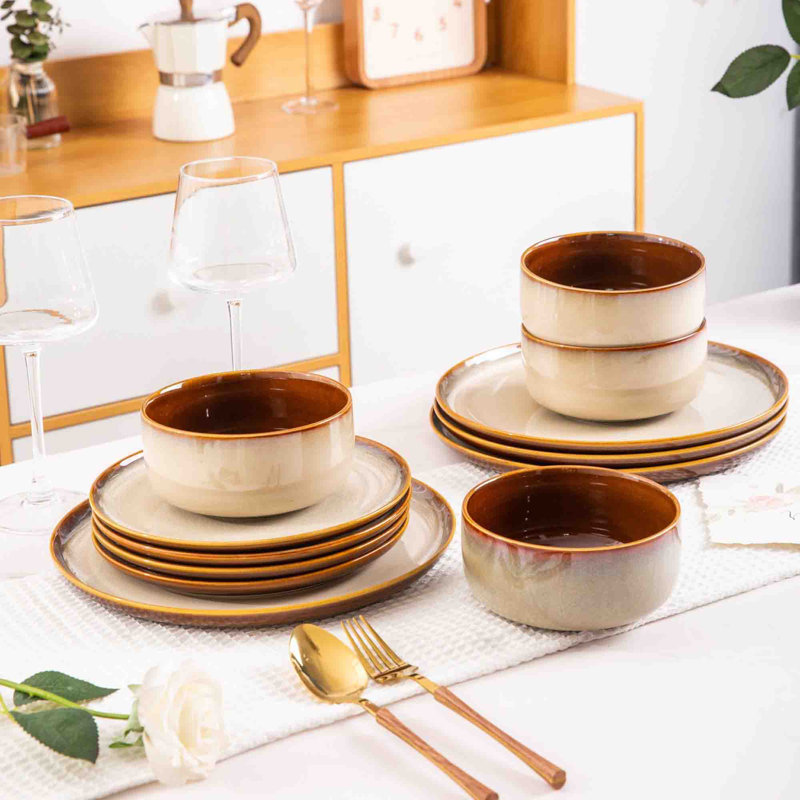 Rinoa 12 Piece Ceramic Dinnerware Set - Service for 4, Cappuccino