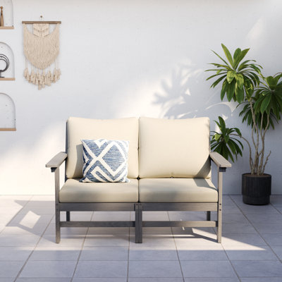Outdoor 47" HDPE Modular Modern Loveseat With 5" Thick Cushions & Natural Wood Texture