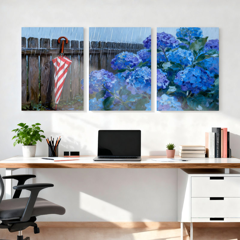 Tableau sur toile « Parapluie et hortensias bleus par temps de pluie » (lot de 3), H 36 po x l 72 po