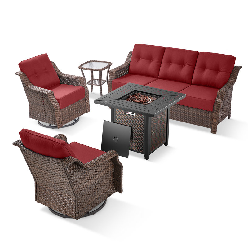 Elona 5-Piece Outdoor Wicker Patio Conversation Set With Square Metal Fire Pit, Swivel Gliders And Side Table For Patio, Red