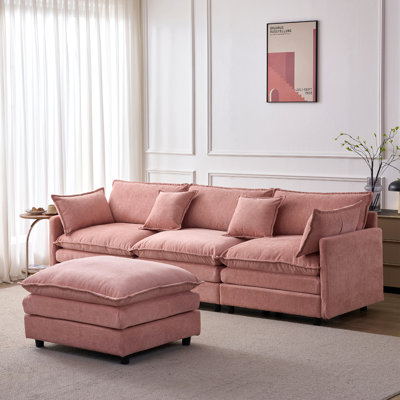 105" Modular Sectional Couch,Upholstered Soft Chenille Fabric Sofa,3 Seater With Ottoman L Shape Sofa Pink
