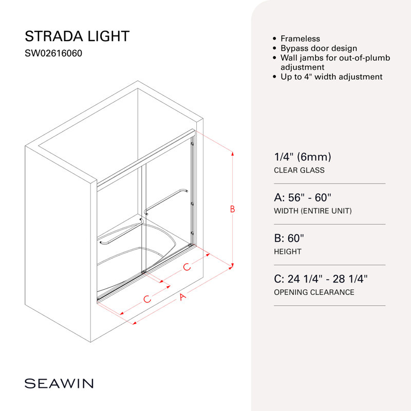Porte de baignoire coulissante en verre trempé transparent sans cadre de 6 à 60 po x 60 po Strada Light, Nickel brossé