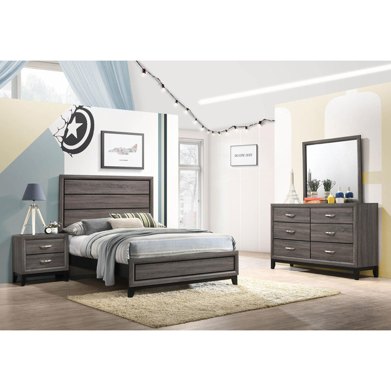 Ensemble de chambre à coucher avec commode, table de chevet, miroir, chêne gris 4 pièces Mela, Complète